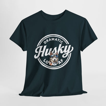 HUSKY T SHIRT with circle graphic, text Dramatic Loyal AF in midnight