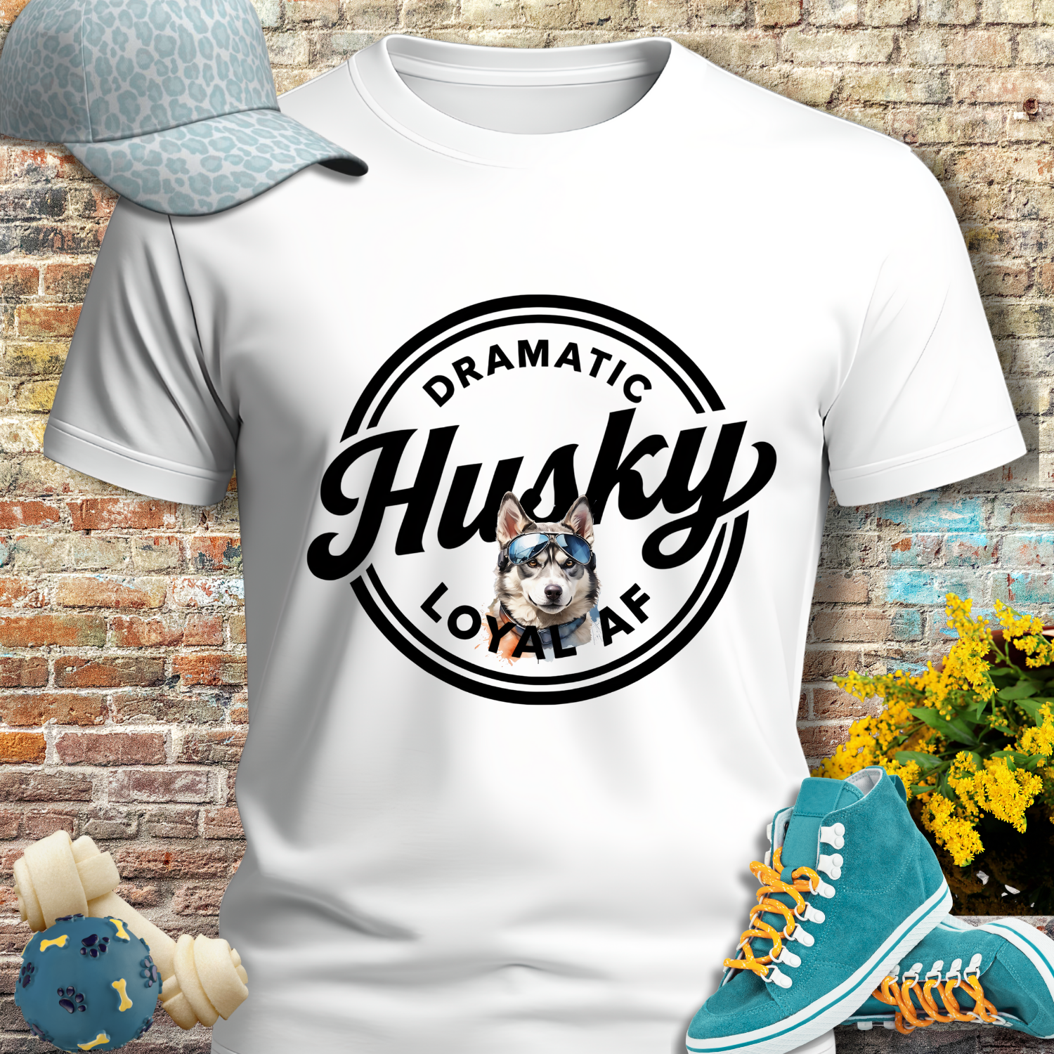 HUSKY T SHIRT with circle graphic, text Dramatic Loyal AF in white