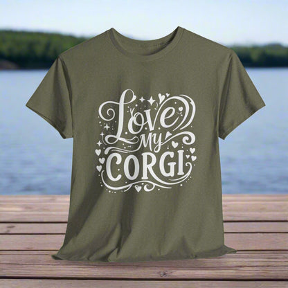 Heather Military Green t-shirt with 'Love My Corgi' text on a white background