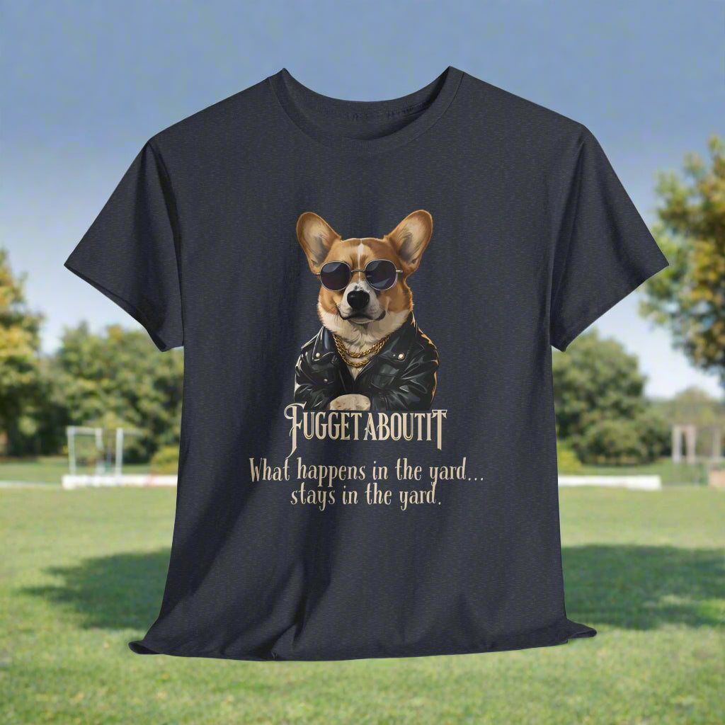 Navy Heather corgi tshirt with a dog graphic and text on a white background