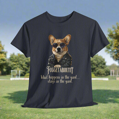 Navy Heather corgi tshirt with a dog graphic and text on a white background