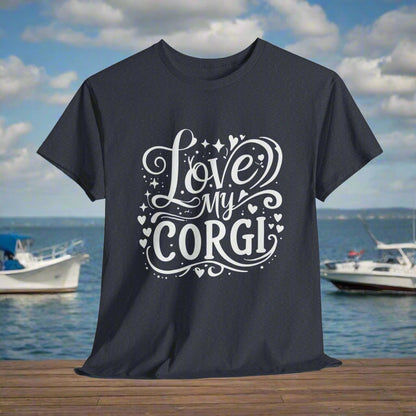 Heather Navy t-shirt with 'Love My Corgi' text on a light gray background