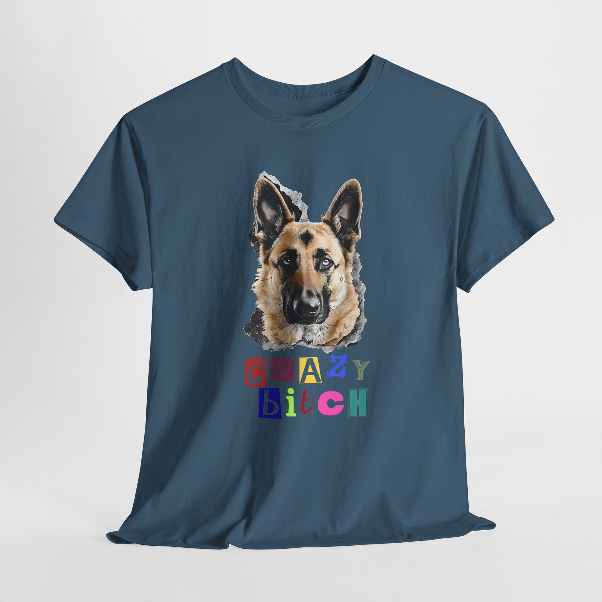 Indigo Blue t-shirt with a dog graphic and colorful text on a white background