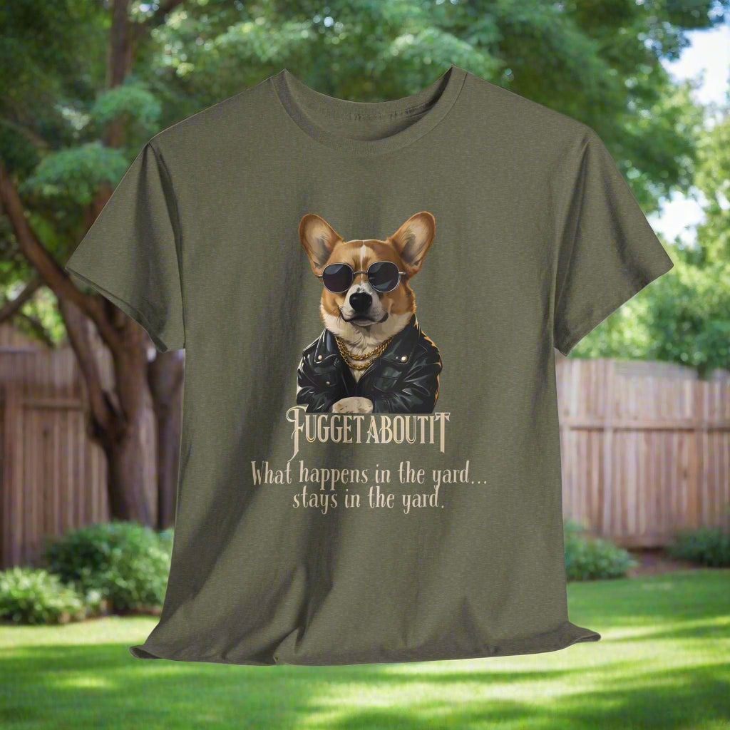 Military Green corgi tshirt with a dog graphic and text on a white background