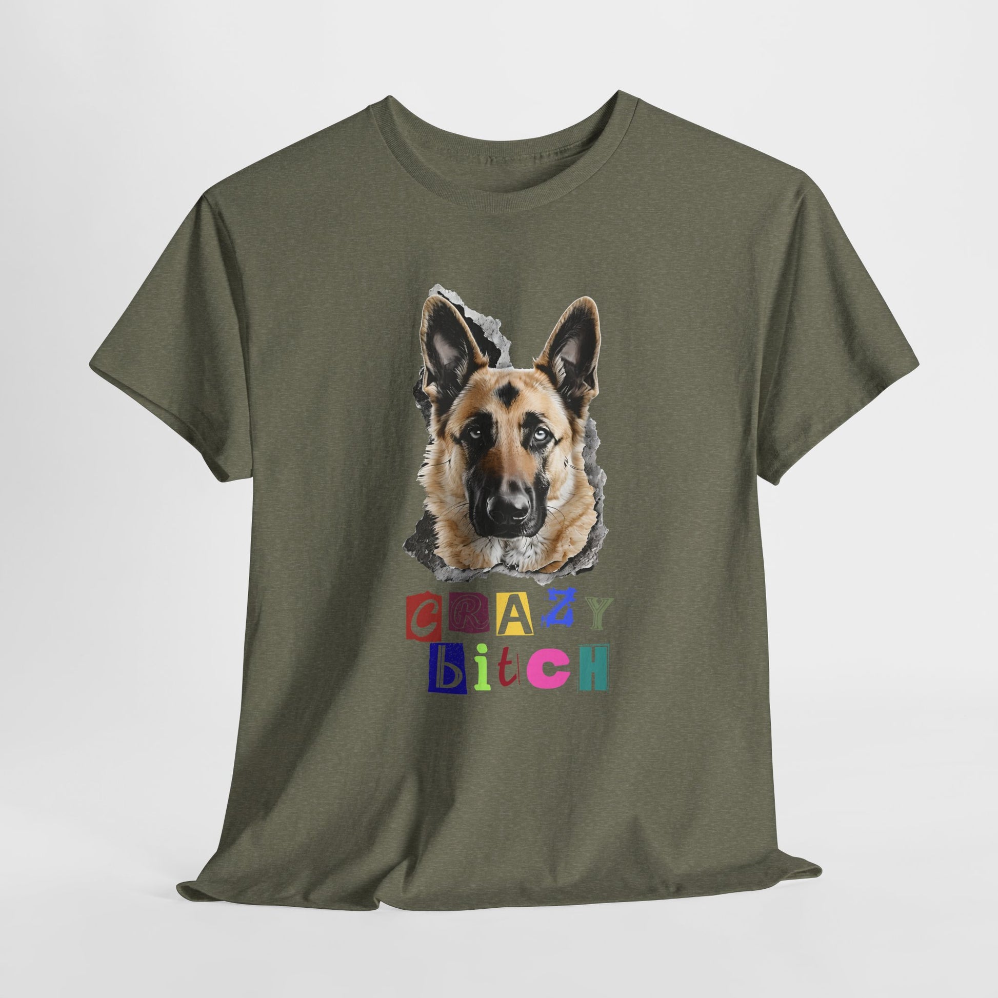 Green t-shirt with a dog graphic and colorful text on a white background