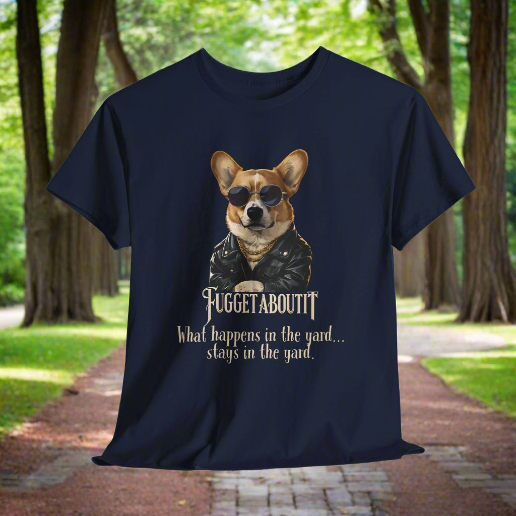Navy blue t-shirt with a graphic of a dog wearing sunglasses and text on a light gray background