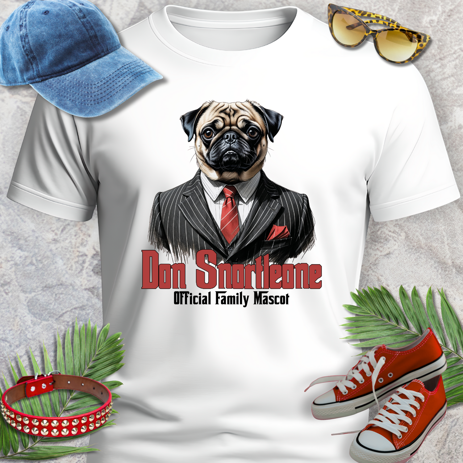 PUG TSHIRT Don Snortleone Mafia Graphic in white