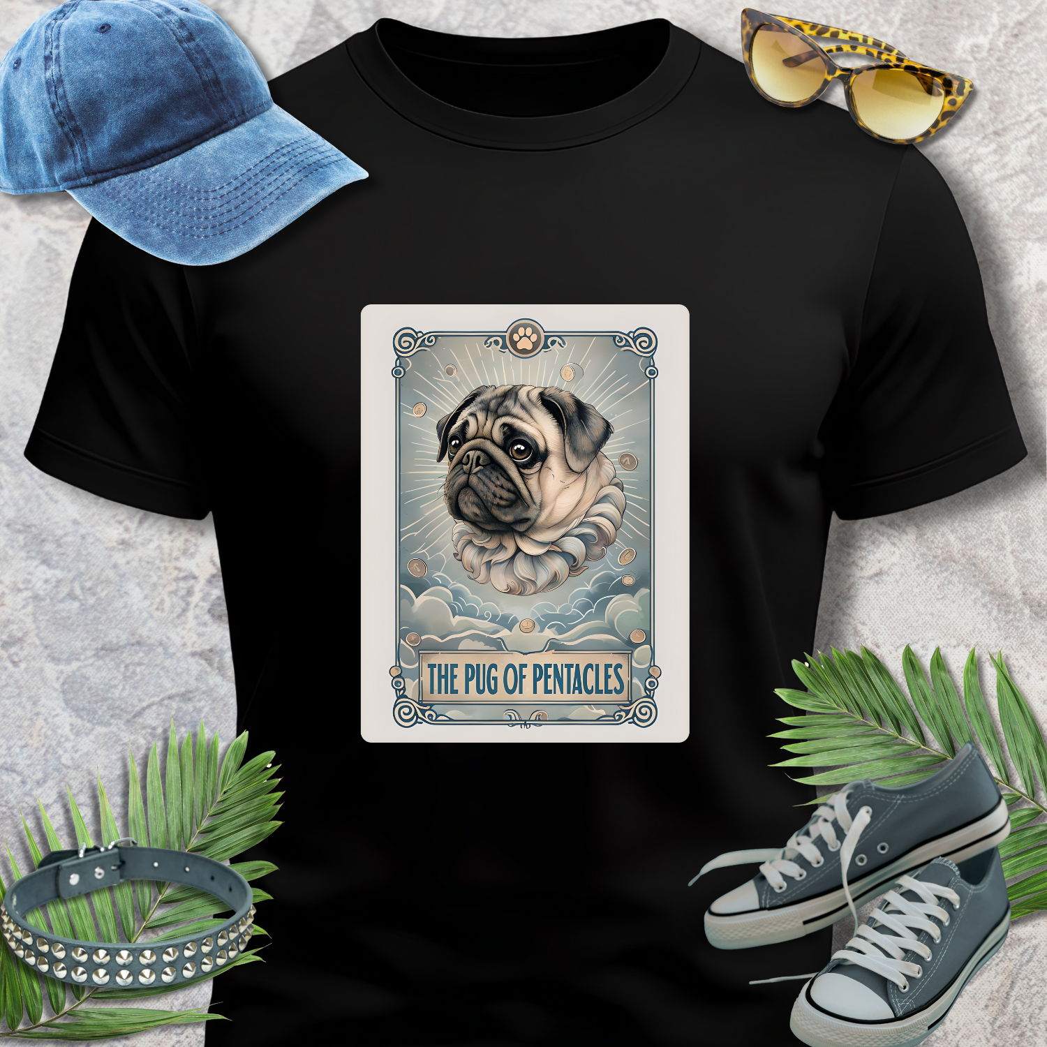 PUG TSHIRT PUG OF PENTACLES in black