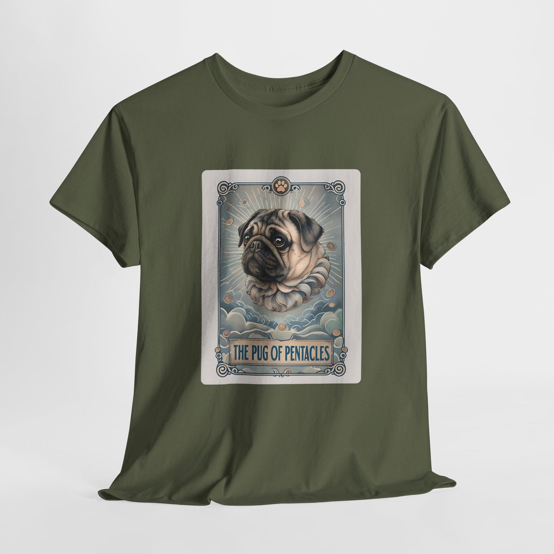 PUG TSHIRT PUG OF PENTACLES in heather military green