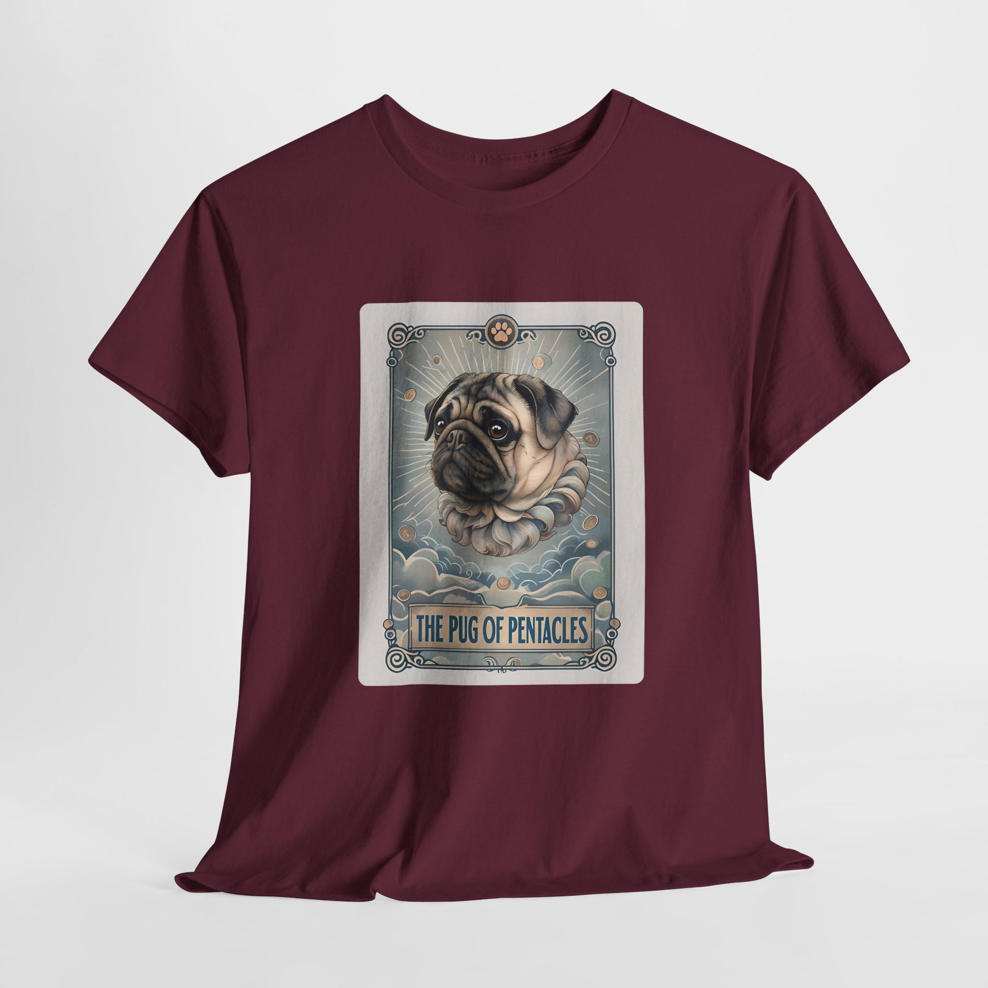 PUG TSHIRT PUG OF PENTACLES in maroon