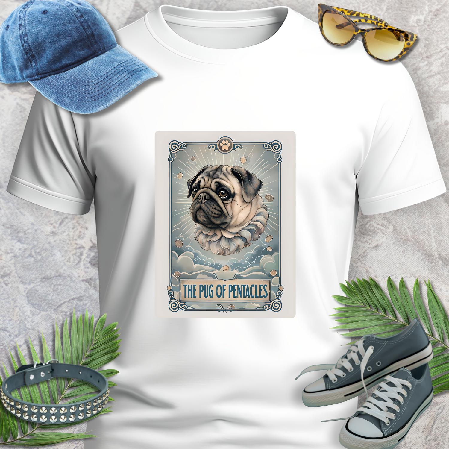 PUG TSHIRT PUG OF PENTACLES in white