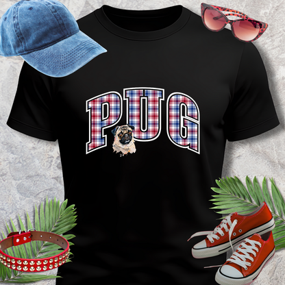 PUG TSHIRT Plaid Varsity Lettering in black