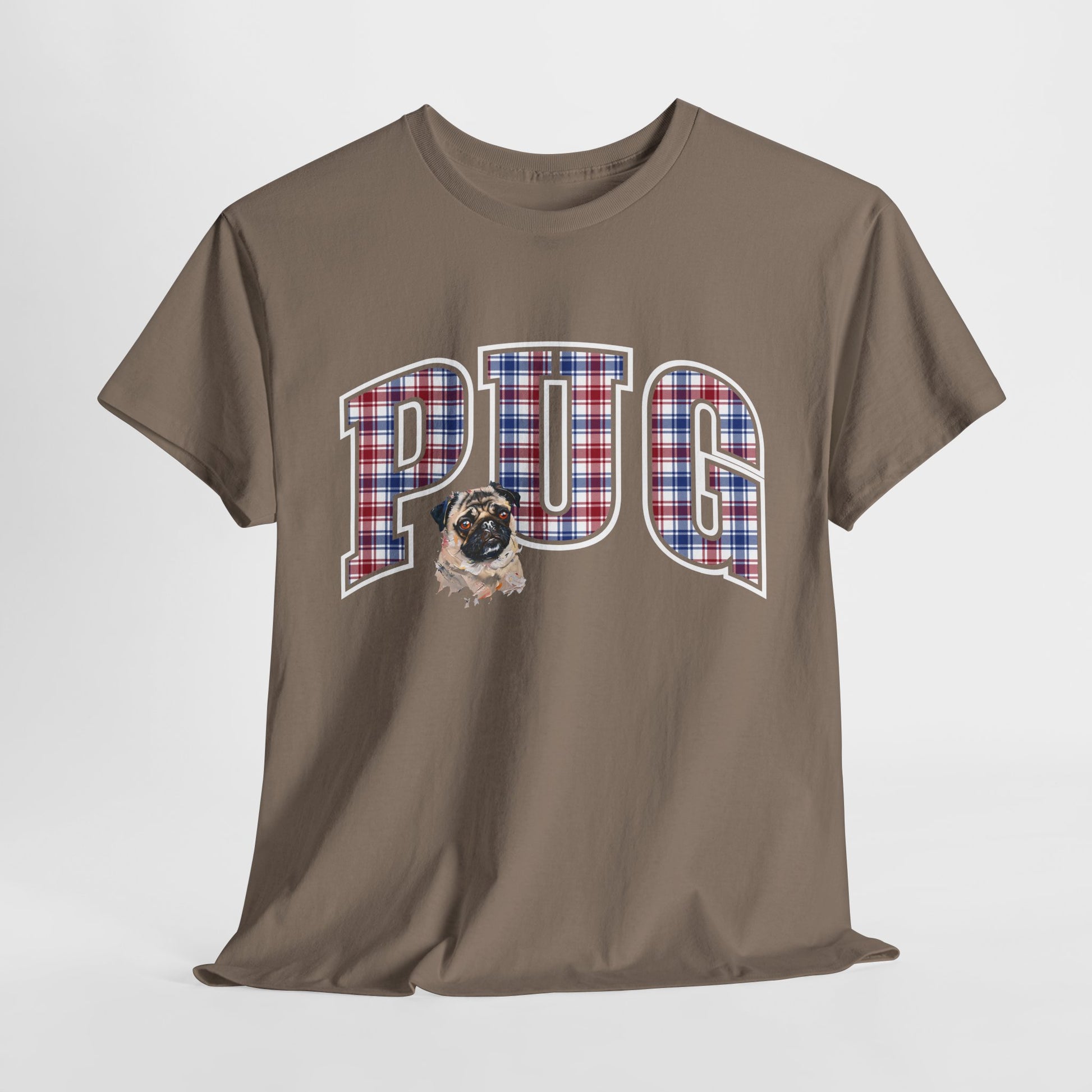 PUG TSHIRT Plaid Varsity Lettering in brown savana