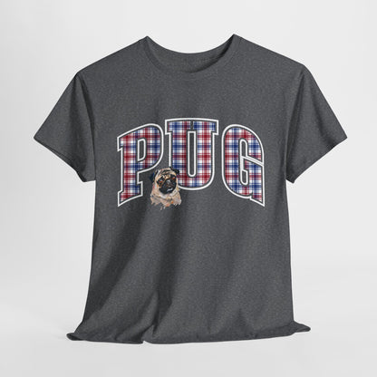 PUG TSHIRT Plaid Varsity Lettering in graphite heather