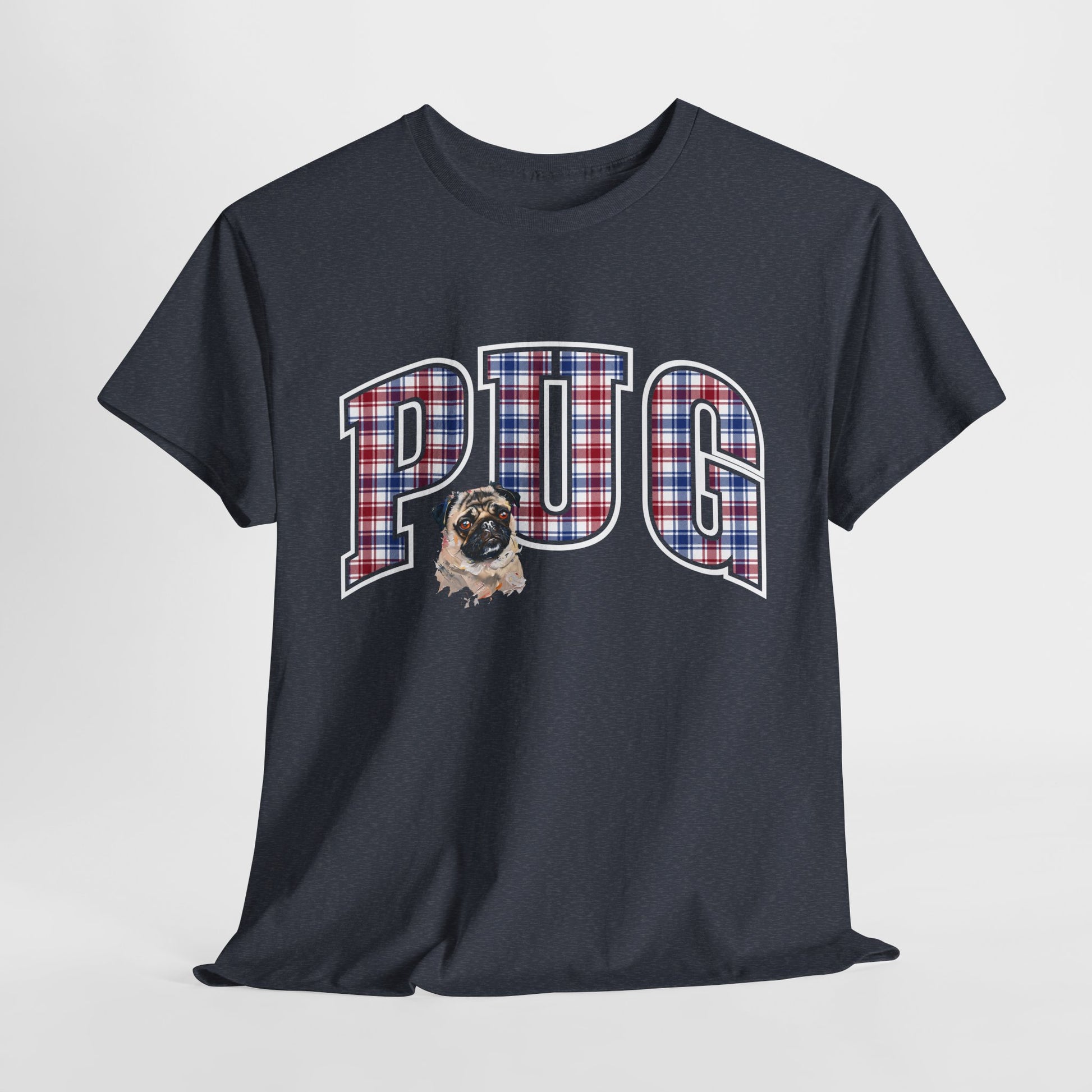 PUG TSHIRT Plaid Varsity Lettering in heather navy