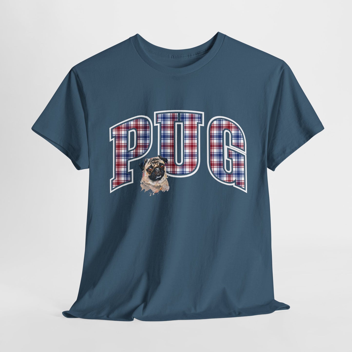 PUG TSHIRT Plaid Varsity Lettering in indigo blue
