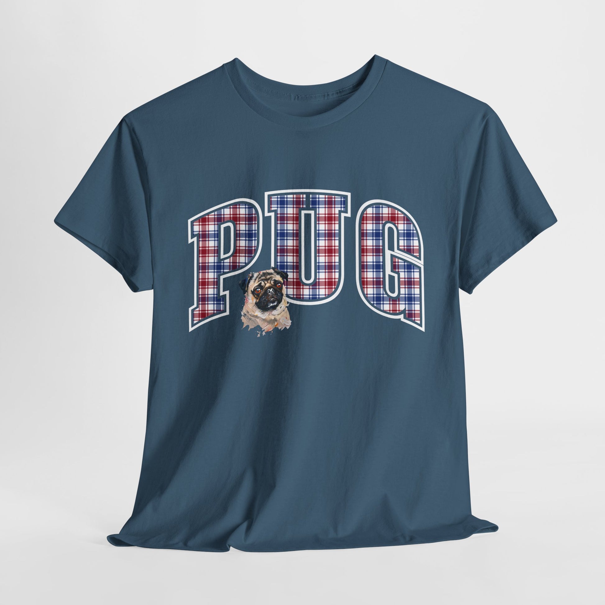 PUG TSHIRT Plaid Varsity Lettering in indigo blue