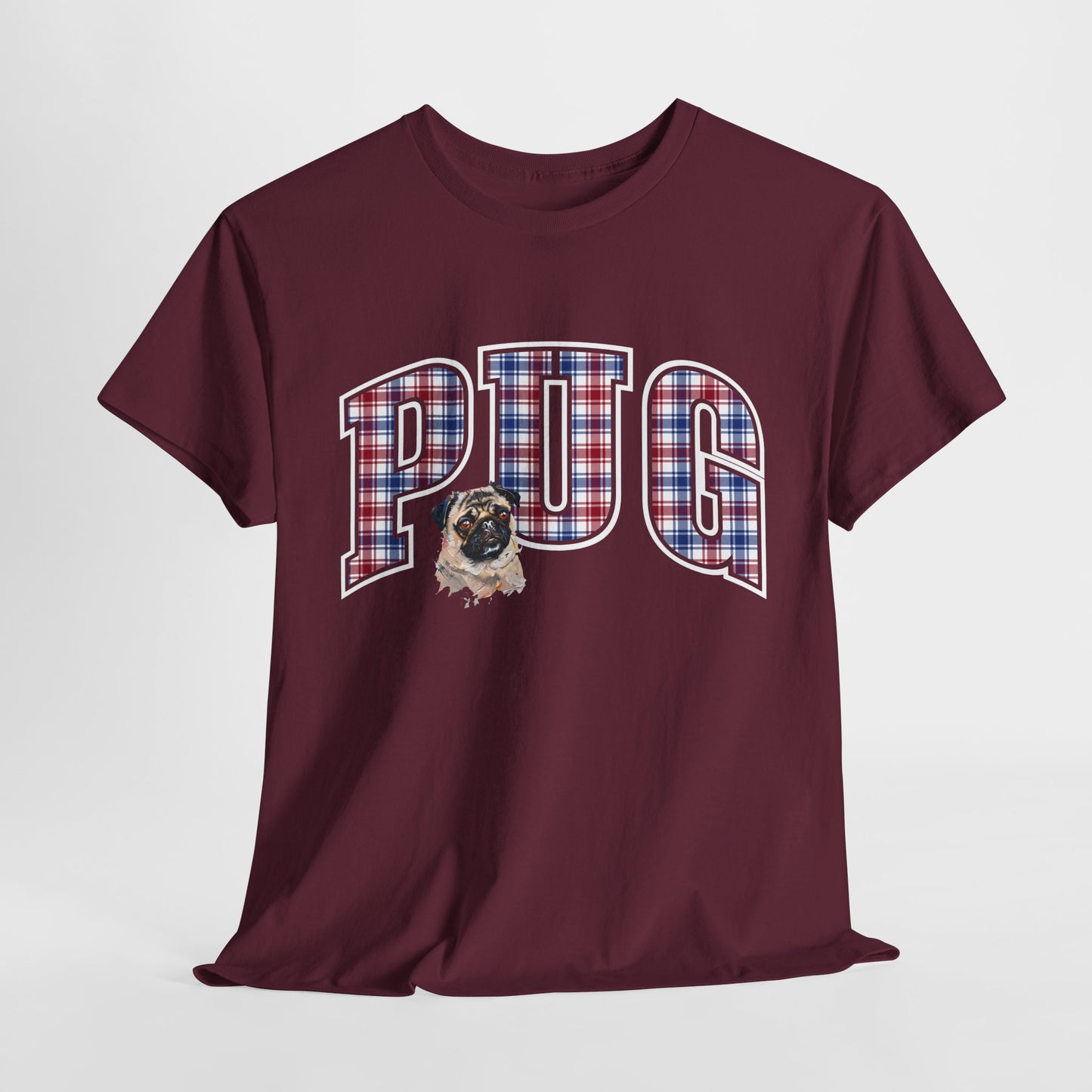PUG TSHIRT Plaid Varsity Lettering in maroon