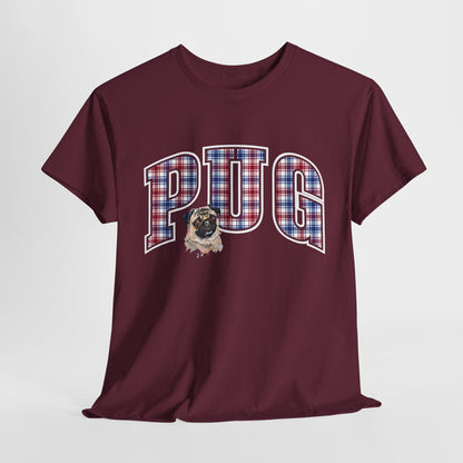 PUG TSHIRT Plaid Varsity Lettering in maroon