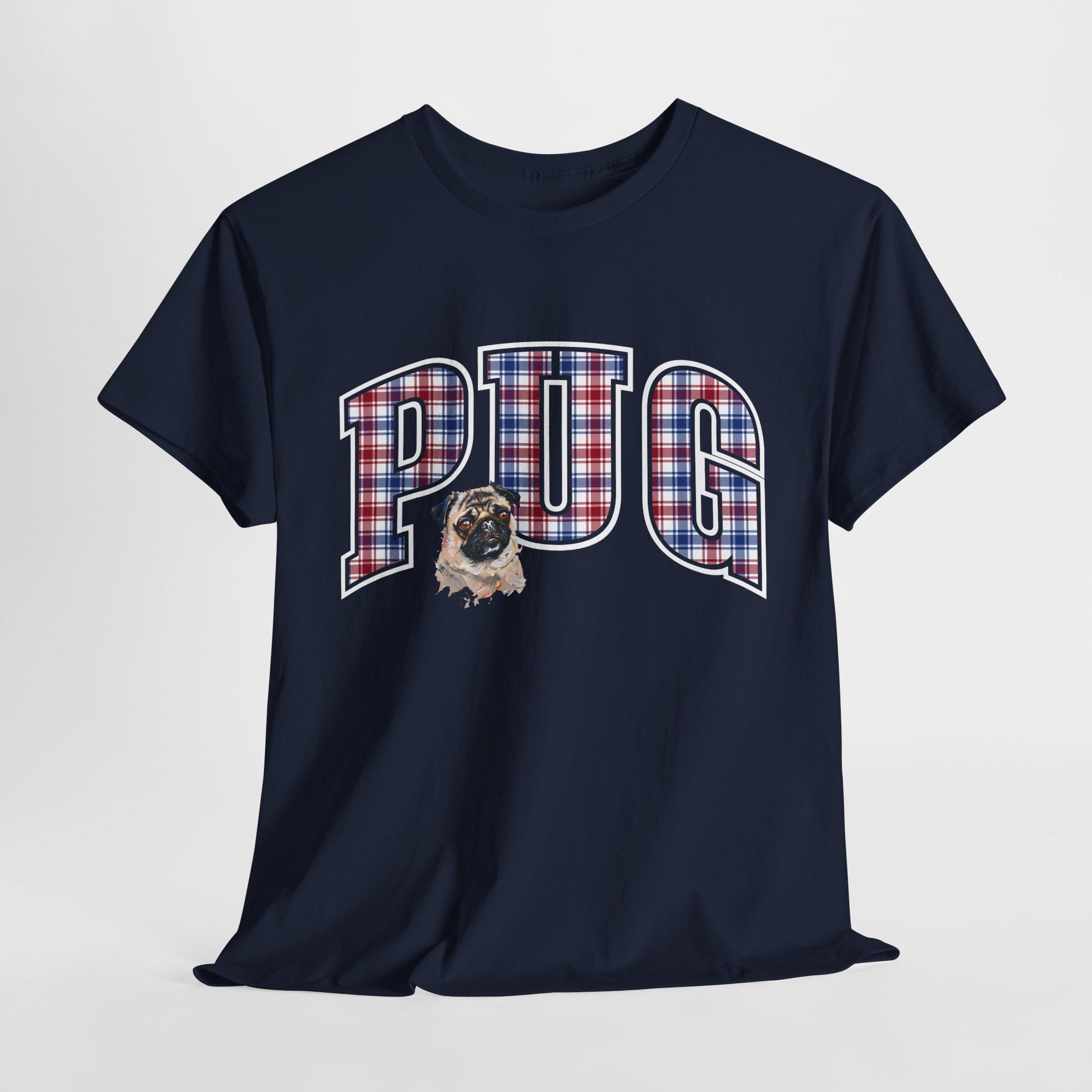 PUG TSHIRT Plaid Varsity Lettering in navy