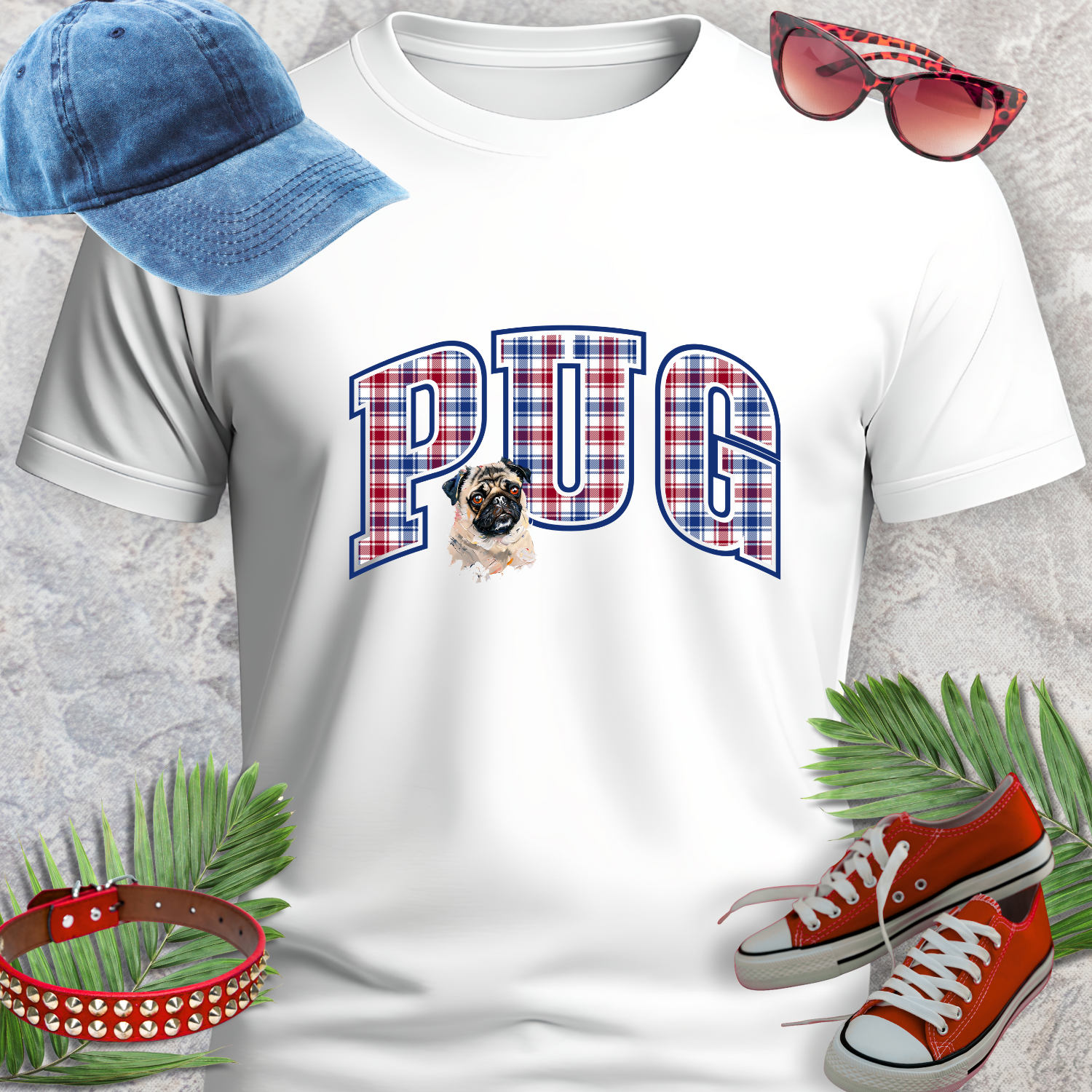 PUG TSHIRT Plaid Varsity Lettering in white