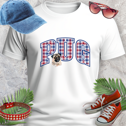 PUG TSHIRT Plaid Varsity Lettering in white