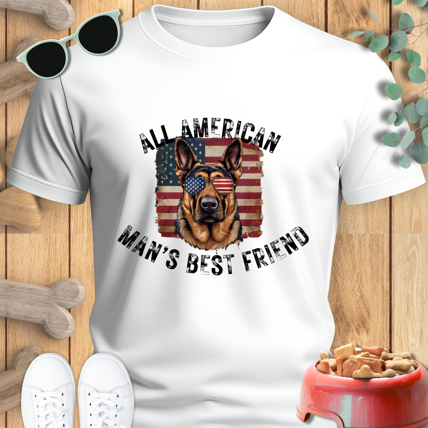SHEPHERD DOGS SHIRT with Patriotic Dog Graphic in white