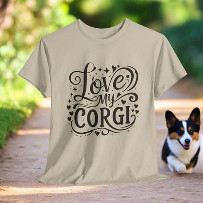 Sand t-shirt with 'Love my Corgi' text on a white background