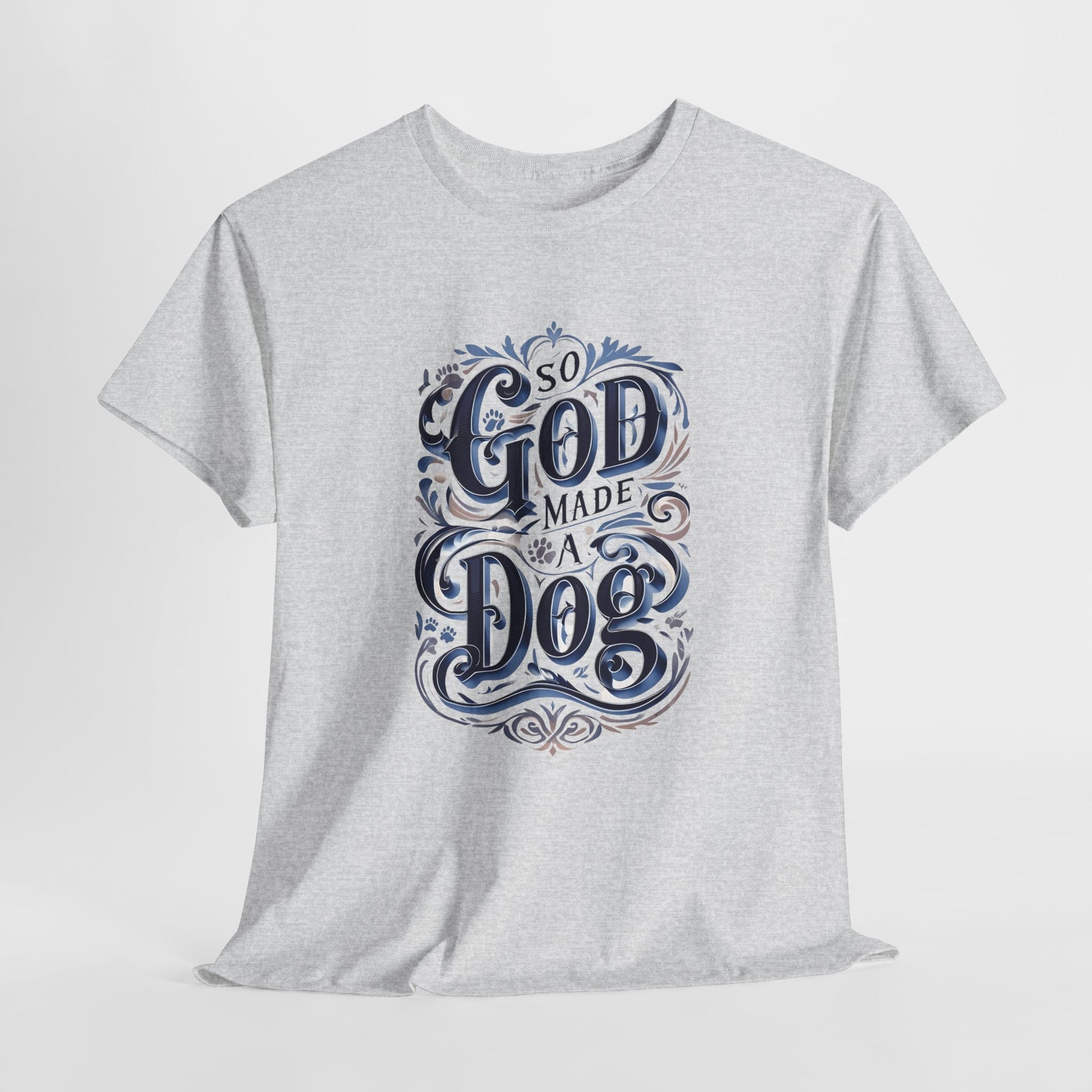 Ash t-shirt with blue and black graphic design on a white background