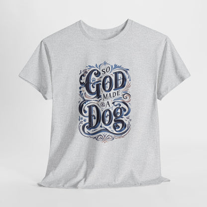 Ash t-shirt with blue and black graphic design on a white background