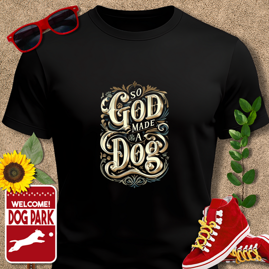 Black t-shirt with 'So God Made a Dog' design, sunglasses, red sneakers, sunflower, and 'Welcome to the Dog Park' sign on a beige background.