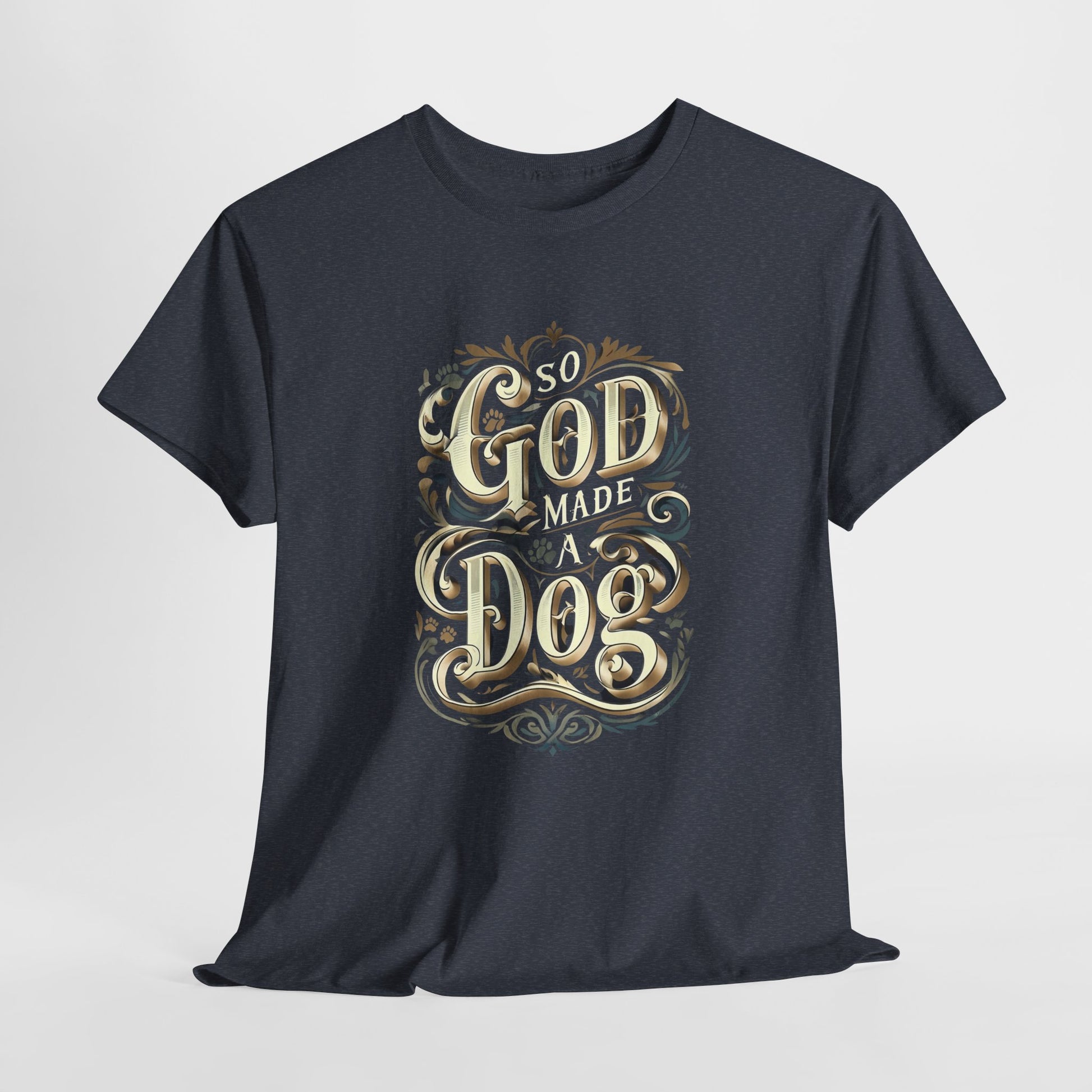 Heather Navy t-shirt with gold and white text design on a light gray background