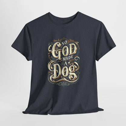Heather Navy t-shirt with gold and white text design on a light gray background