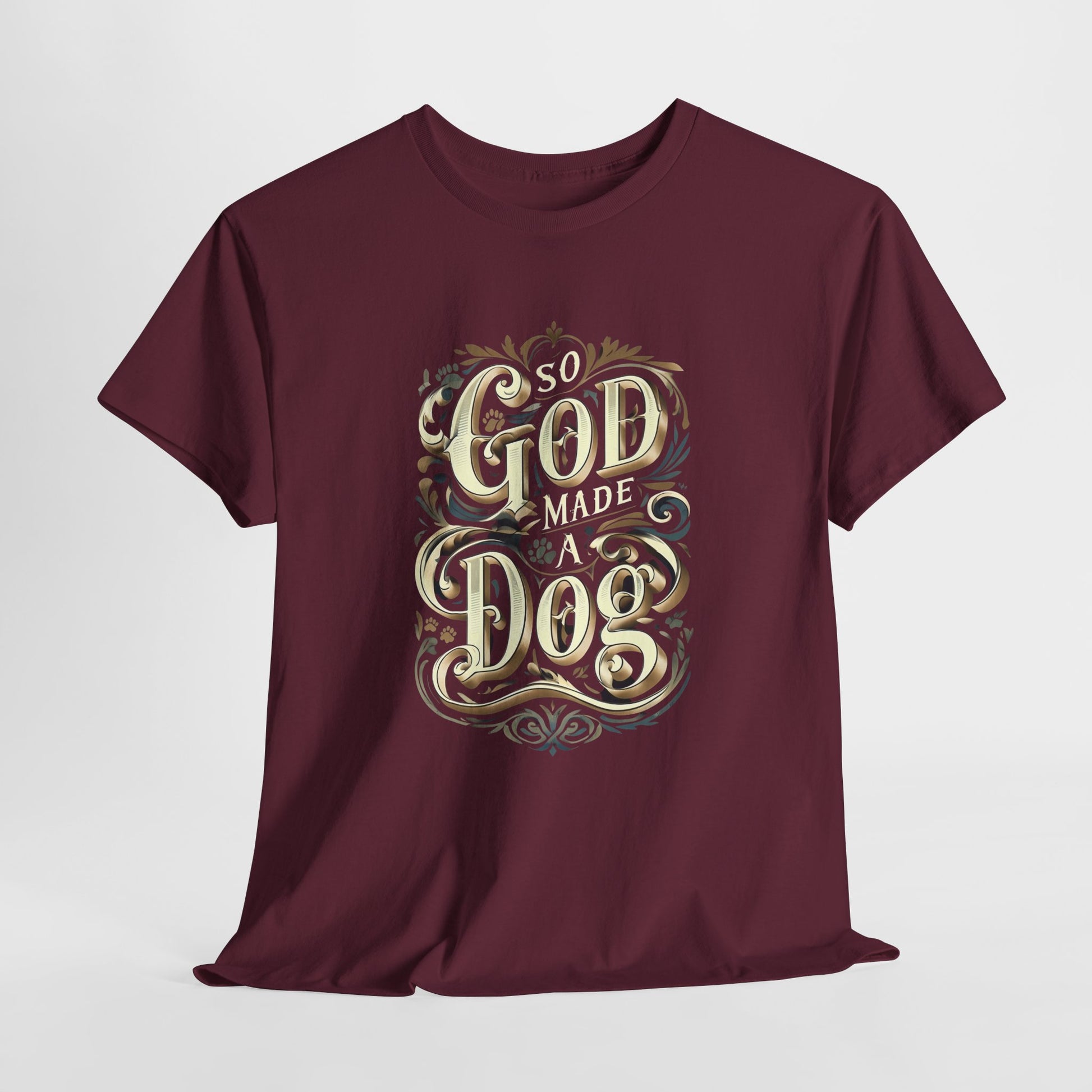 Maroon t-shirt with decorative text design on a white background