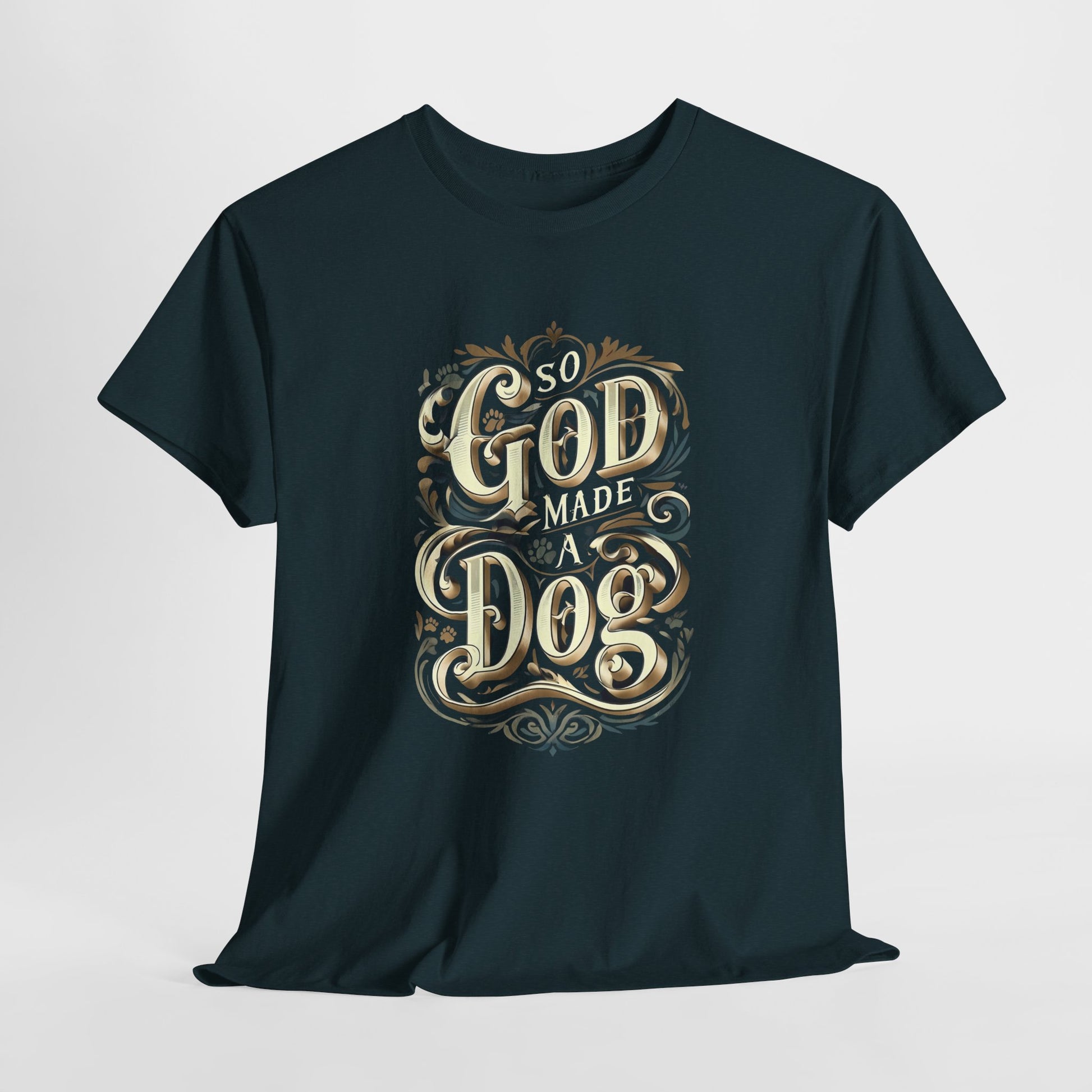 Midnight t-shirt with decorative text design on a light gray background