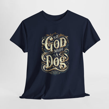Navy blue t-shirt with decorative text design on a light gray background