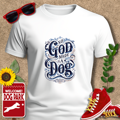 White t-shirt with 'So God Made a Dog' design, sunglasses, red sneakers, sunflower, and 'Welcome to the Dog Park' sign on a textured background.