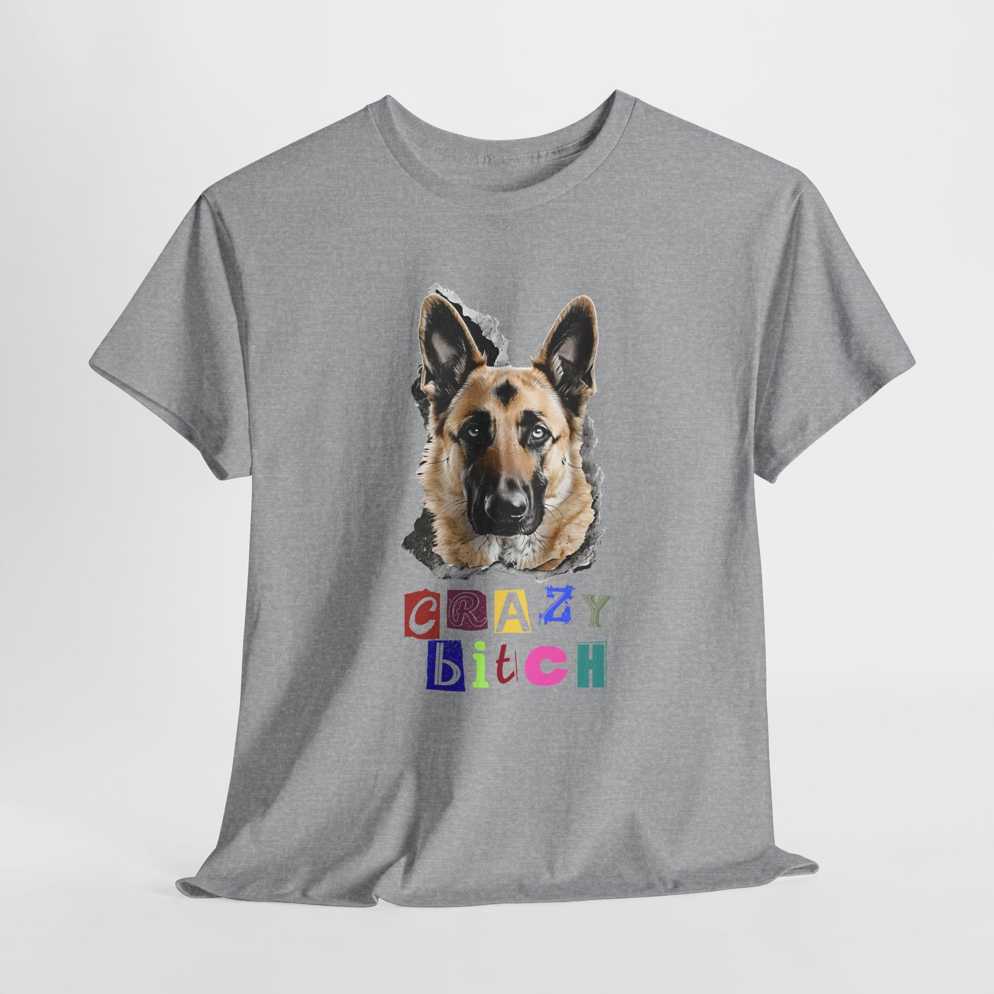 Sport Gray t-shirt with a dog graphic and colorful text on a white background