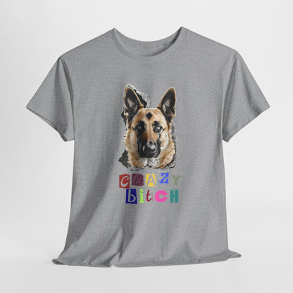 Sport Gray t-shirt with a dog graphic and colorful text on a white background
