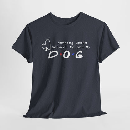 Heather Navy t-shirt with 'Nothing Comes Between Me and My Dog' text on a white background