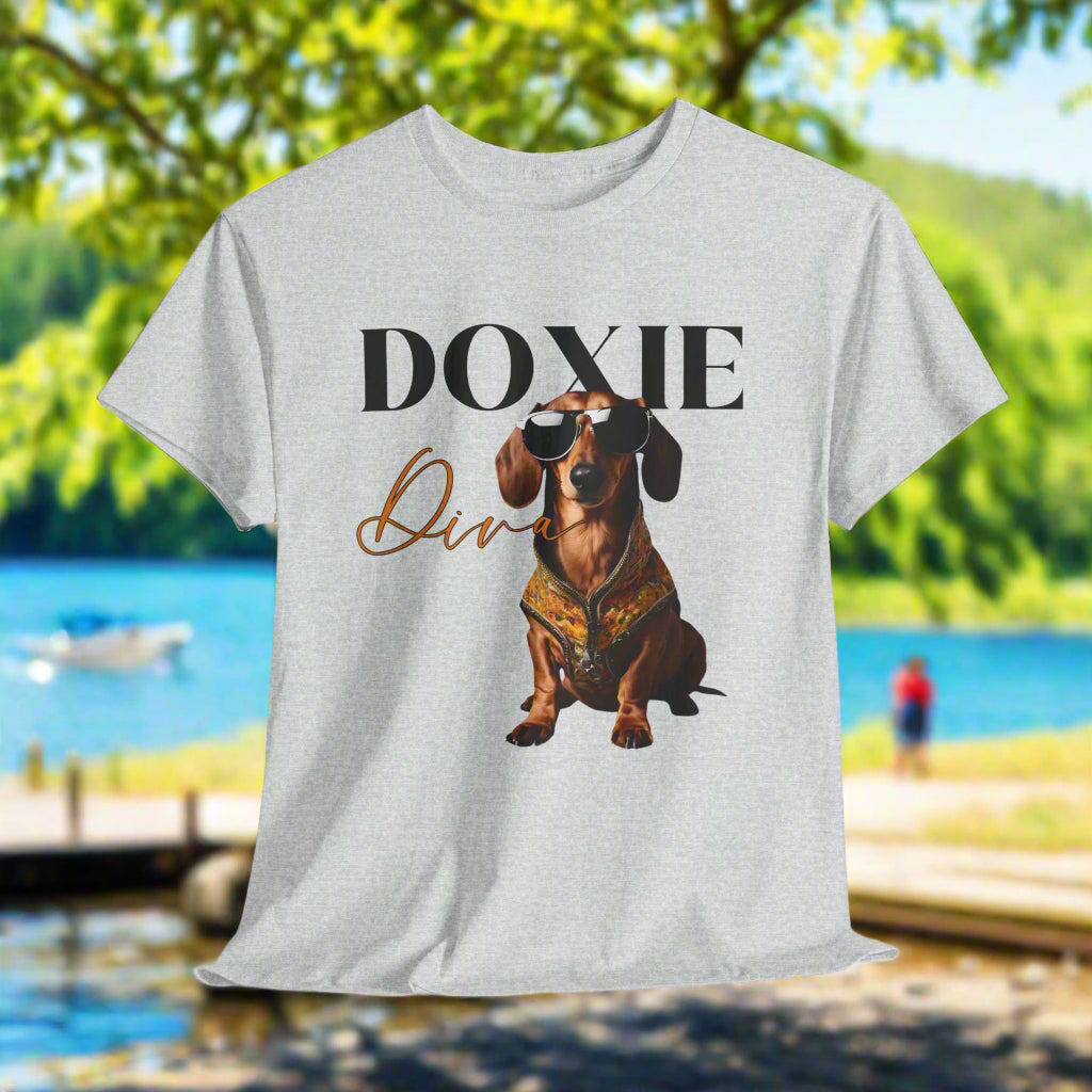 Weeniedog shirts with Doxie Diva Graphic in Ash with a dachshund graphic and 'Doxie Diva' text 