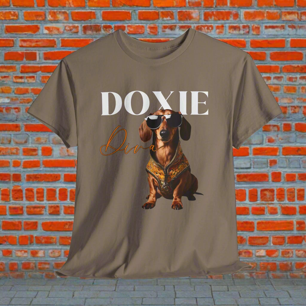 Weeniedog shirts with Doxie Diva Graphic in Brown Savana with a dachshund graphic and 'Doxie Diva' text 