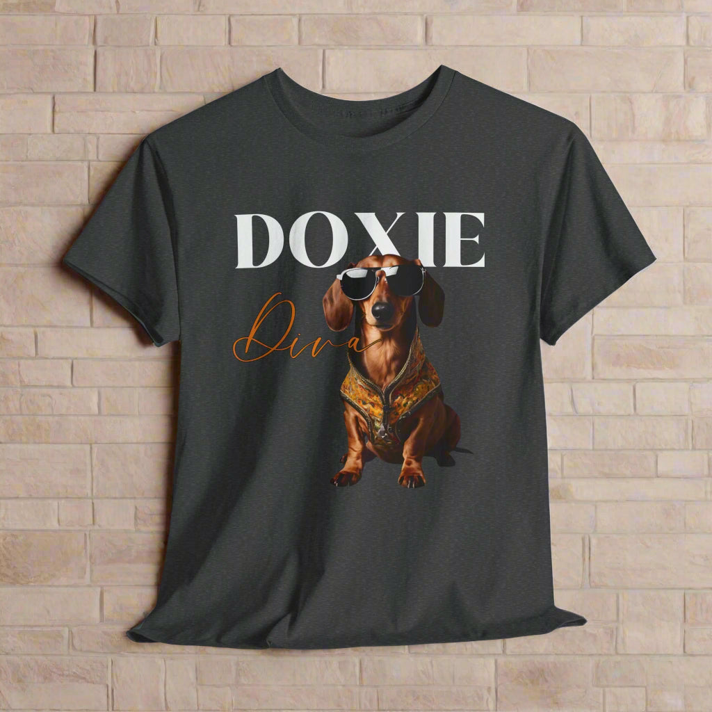 Weeniedog shirts with Doxie Diva Graphic in Dark Heather with a dachshund graphic and 'Doxie Diva graphic and text