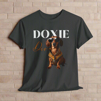 Weeniedog shirts with Doxie Diva Graphic in Dark Heather with a dachshund graphic and 'Doxie Diva graphic and text