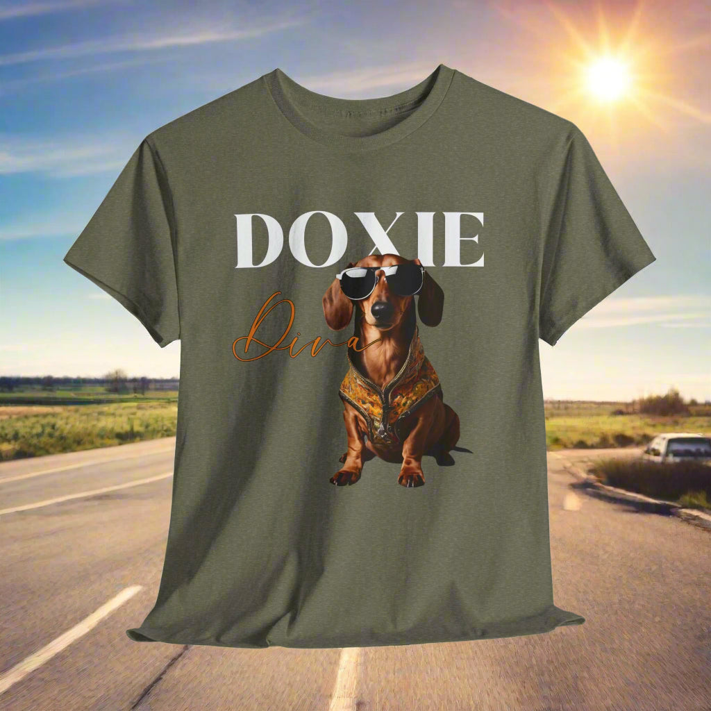 Weeniedog shirts with Doxie Diva Graphic in Heather Military Green with a dachshund graphic and 'DOXIE' text