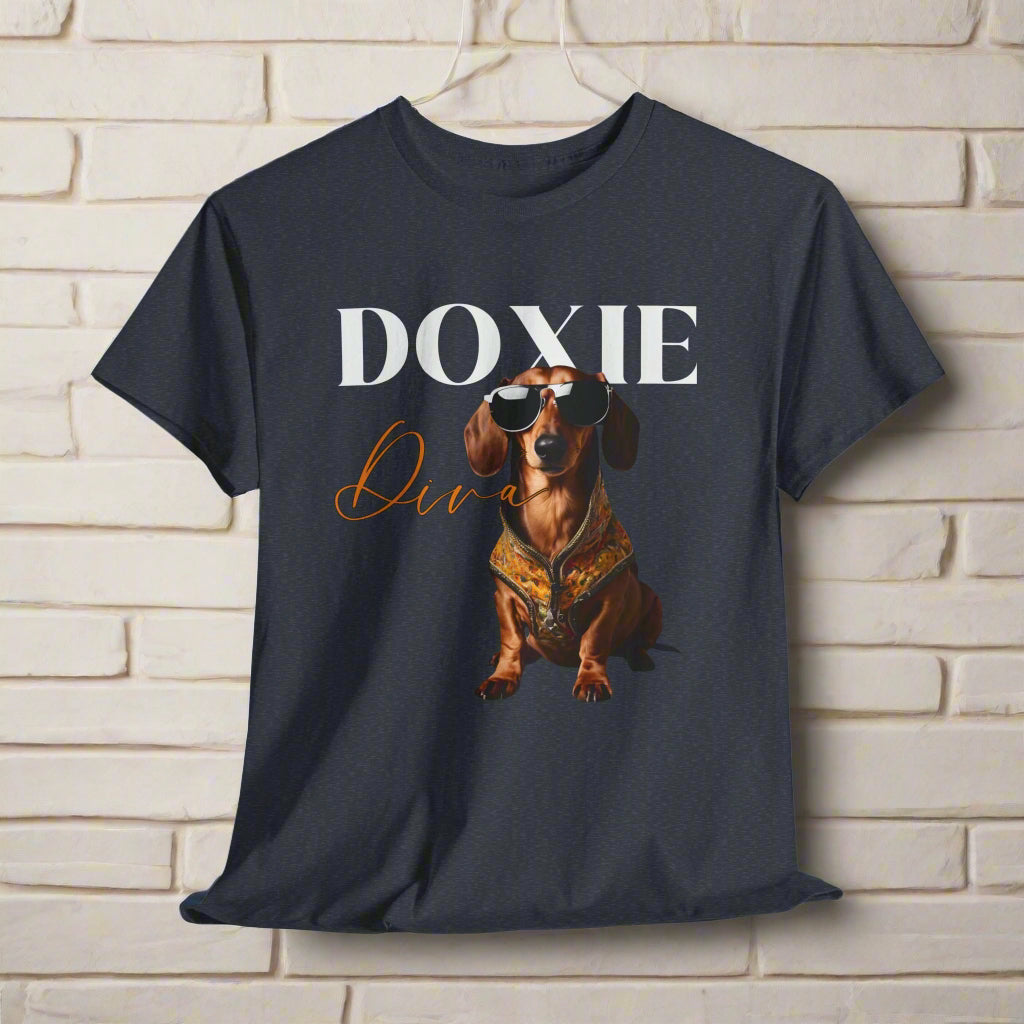 Heather Navy with a dachshund graphic and 'Doxie Diva' text 