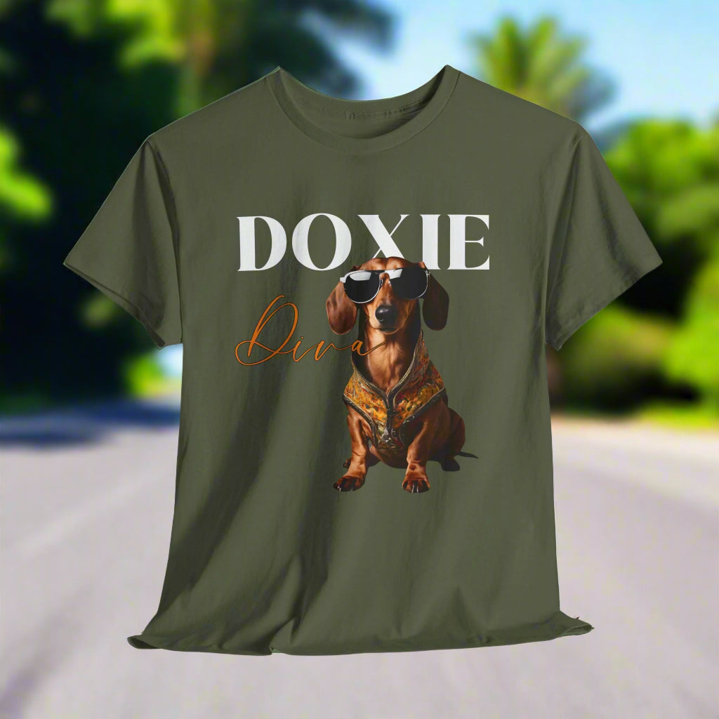 Weeniedog shirts with Doxie Diva Graphic in Sand with a dachshund graphic and text