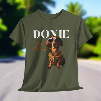Weeniedog shirts with Doxie Diva Graphic in Sand with a dachshund graphic and text