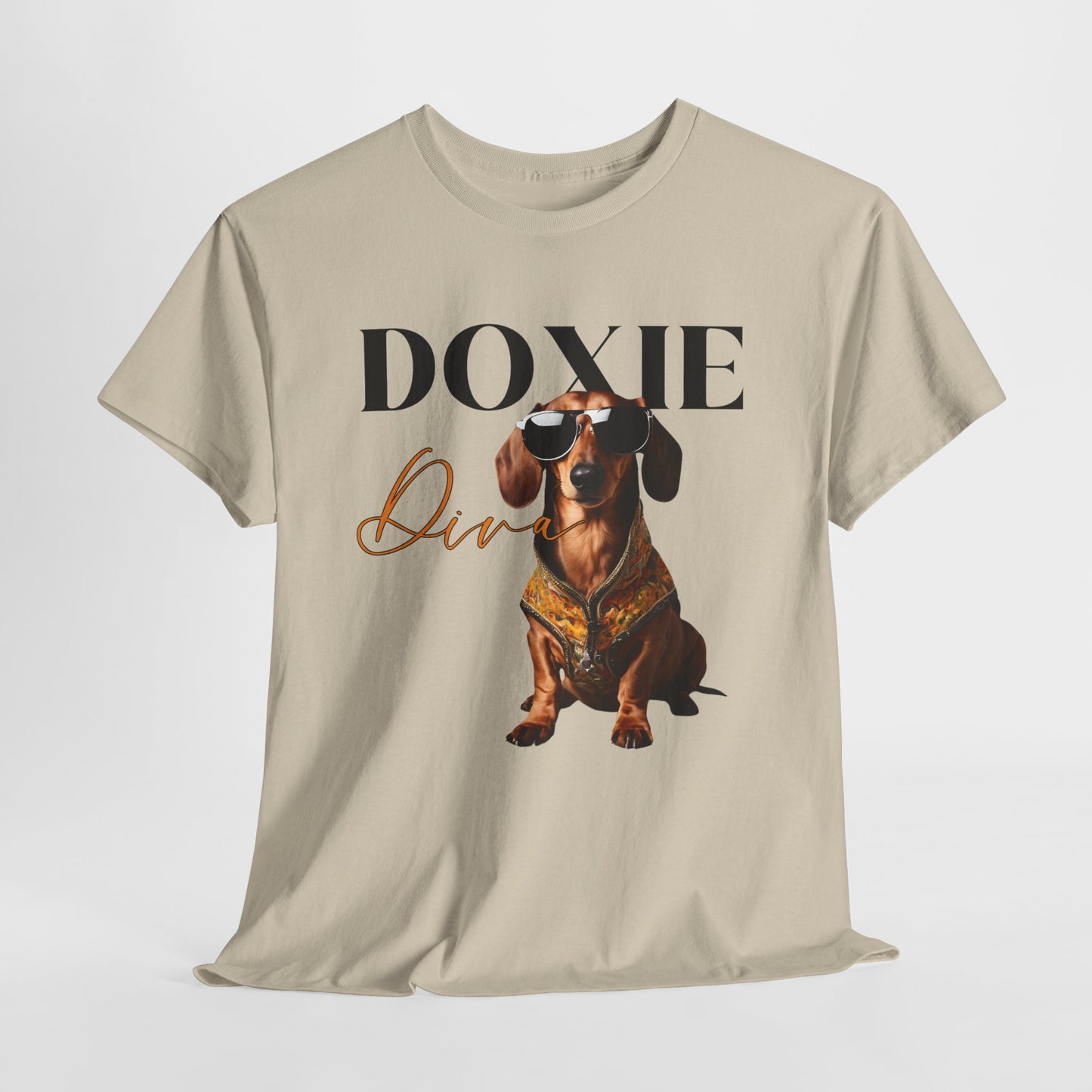 Weeniedog shirts with Doxie Diva Graphic in Sand with a dachshund graphic and 'Doxie Diva' text
