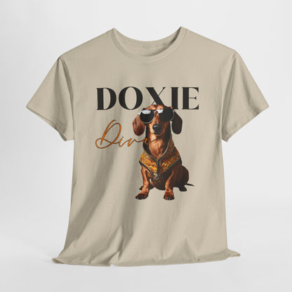 Weeniedog shirts with Doxie Diva Graphic in Sand with a dachshund graphic and 'Doxie Diva' text